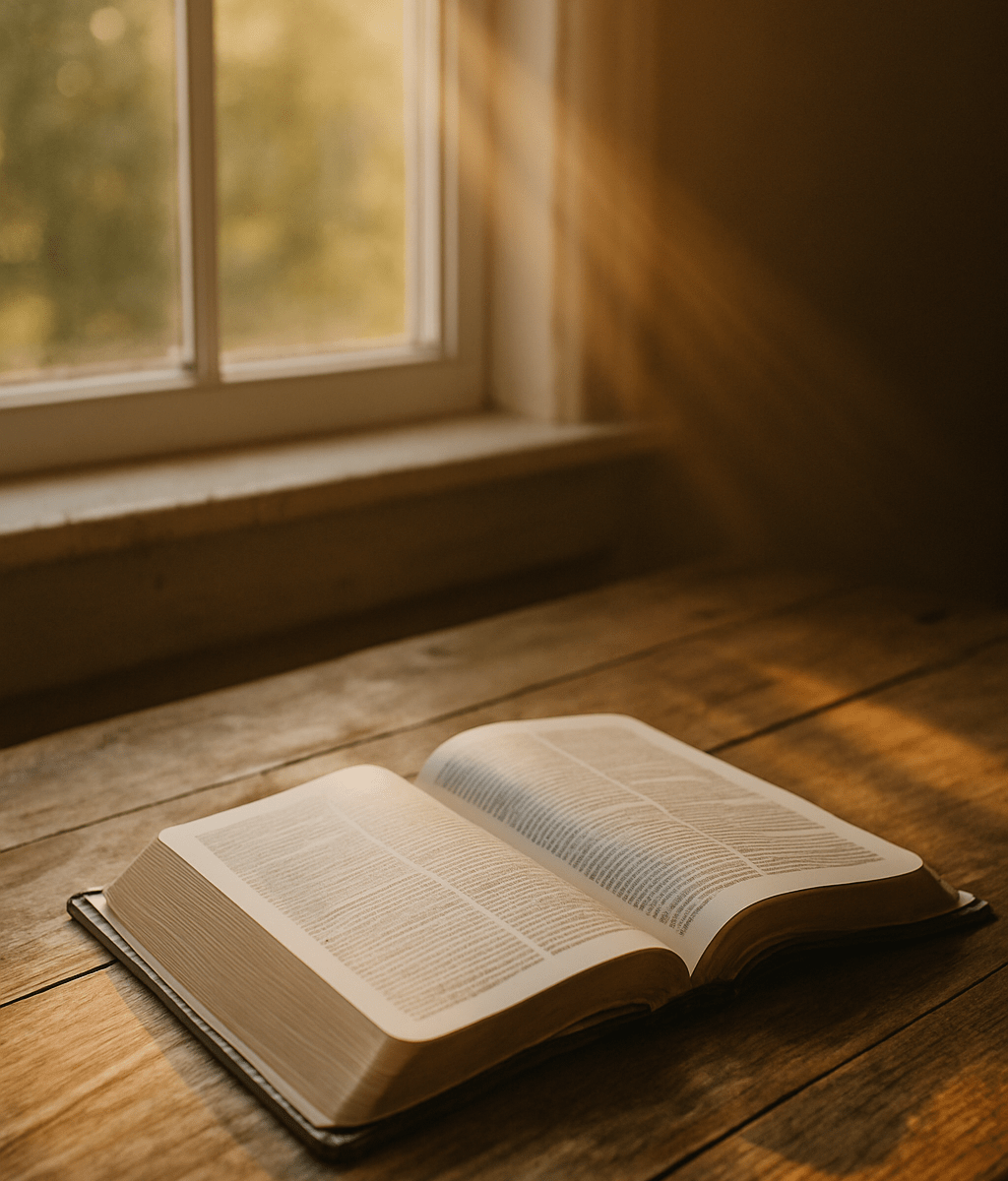 Open Bible on a wooden table illuminated by morning light, symbolizing renewal and reflection.