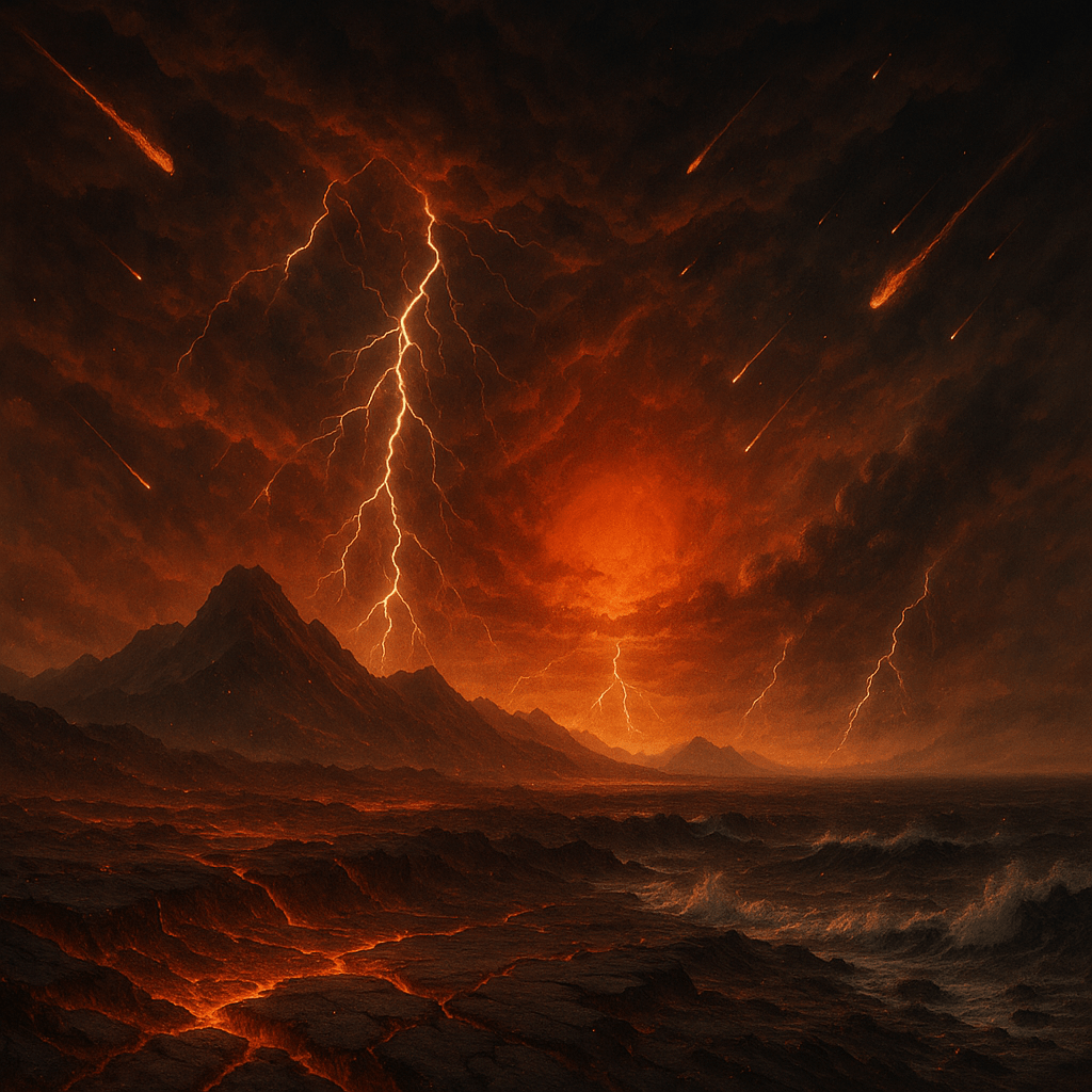 A fiery apocalyptic landscape with dark storm clouds, lightning bolts, and meteors streaking across the sky above trembling mountains and a turbulent sea, symbolizing the end of the world and the coming renewal.