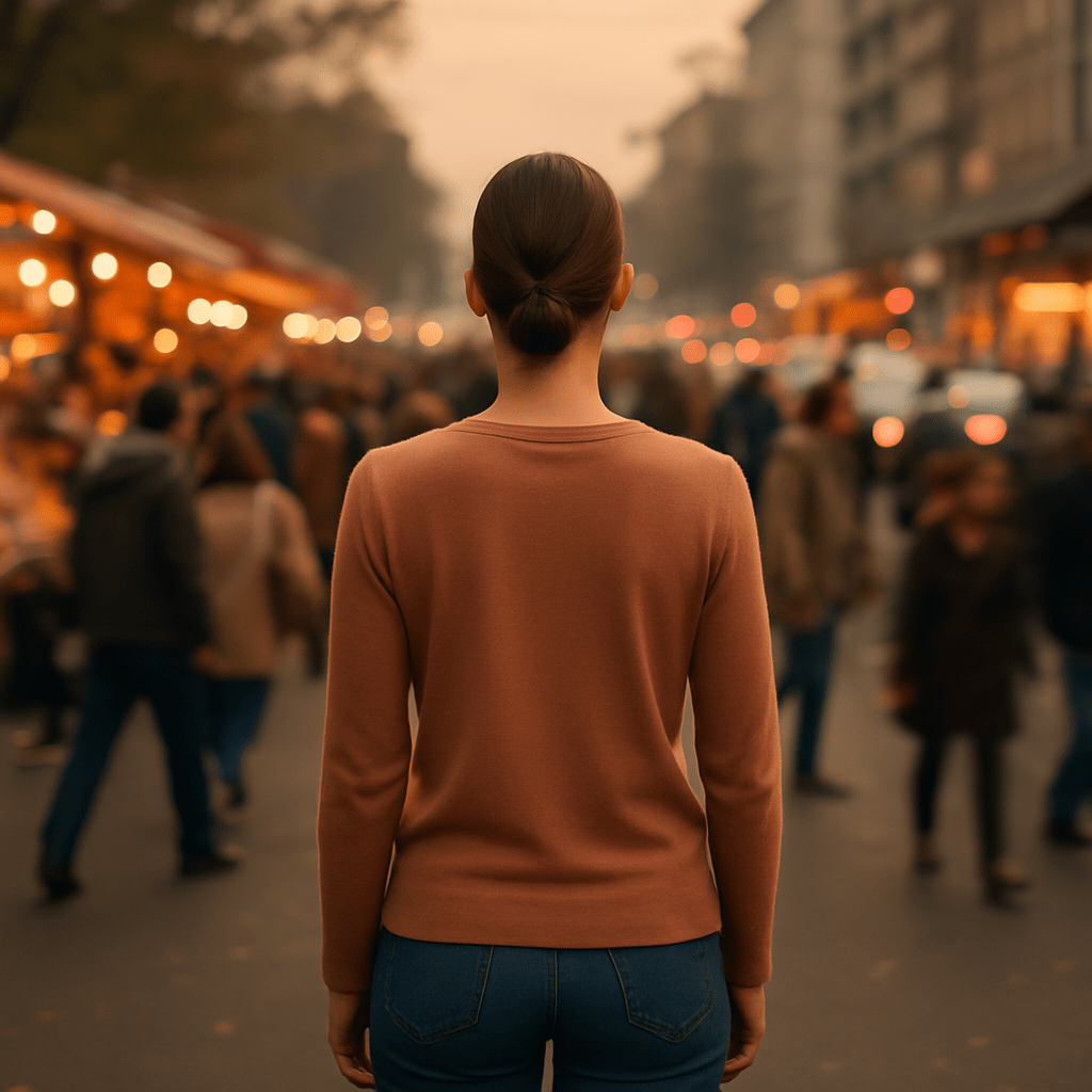 A serene woman stands still at the edge of a bustling city marketplace during golden hour, her calm posture contrasting with the blurred motion of the busy crowd around her.