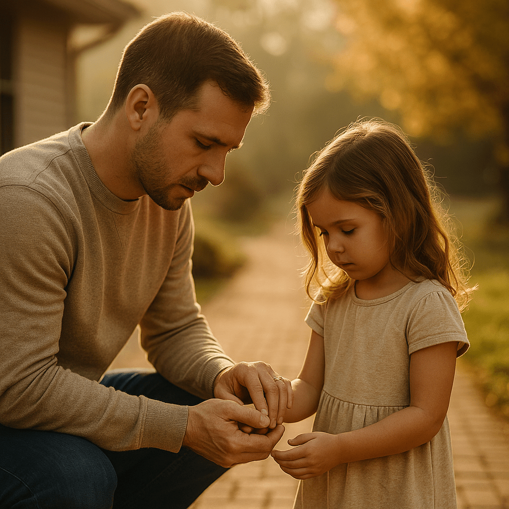 A father gently guiding his daughter’s hand in warm morning light, symbolizing God’s loving correction and mercy.