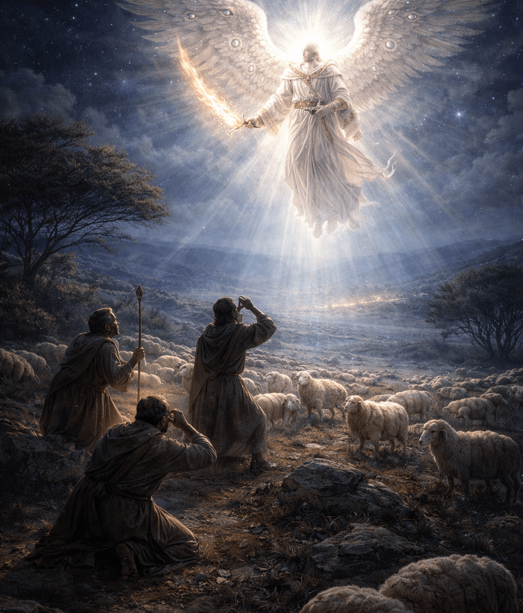 Shepherds in the fields near Bethlehem encounter the angel of the Lord at night, surrounded by divine light, as described in Luke 2.