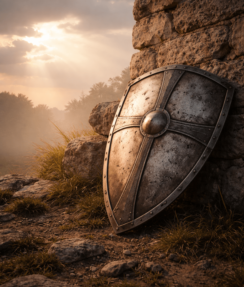 Weathered shield against a stone wall symbolizing spiritual strength and quiet endurance in faith