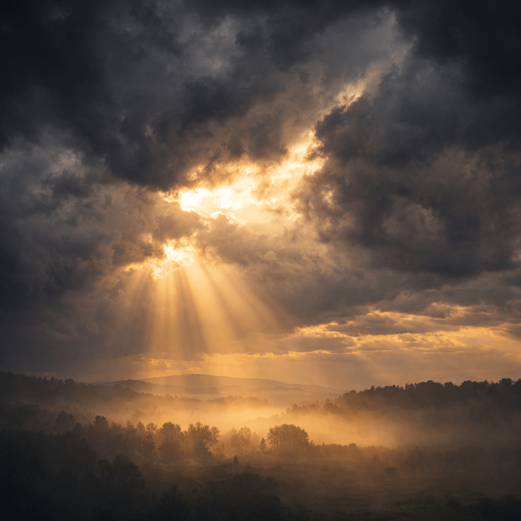 Dark storm clouds parting with soft golden light breaking through over a misty landscape, symbolizing hope in discouragement.