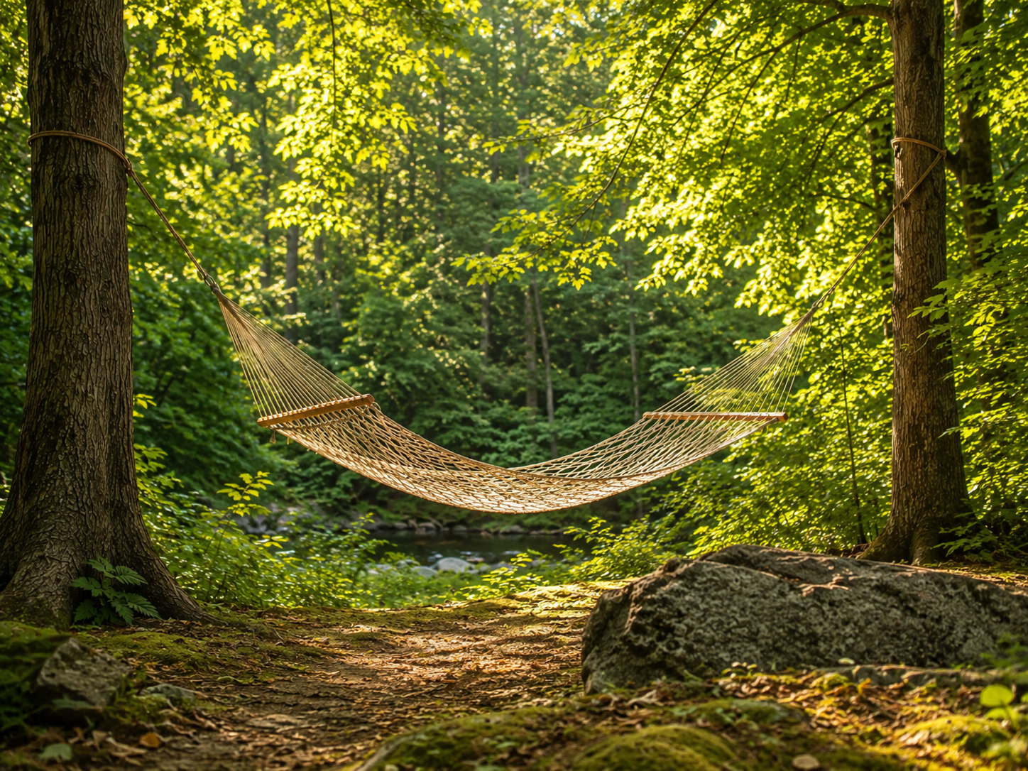 An empty hammock between two trees in a quiet forest with soft sunlight, representing Sabbath rest and soul renewal.