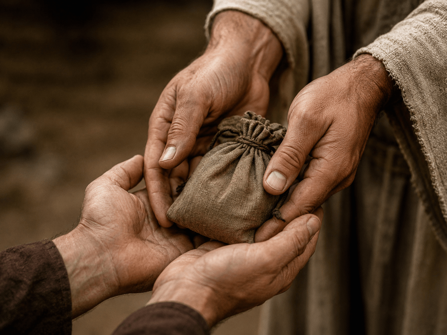 Hands returning a small cloth pouch to another person, symbolizing repentance, restoration, and justice.
