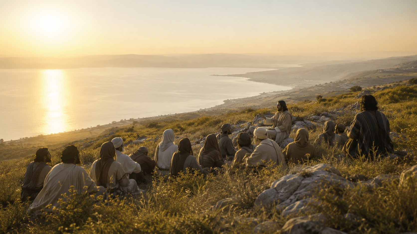 Jesus teaching His disciples on a hillside overlooking the Sea of Galilee at sunrise.