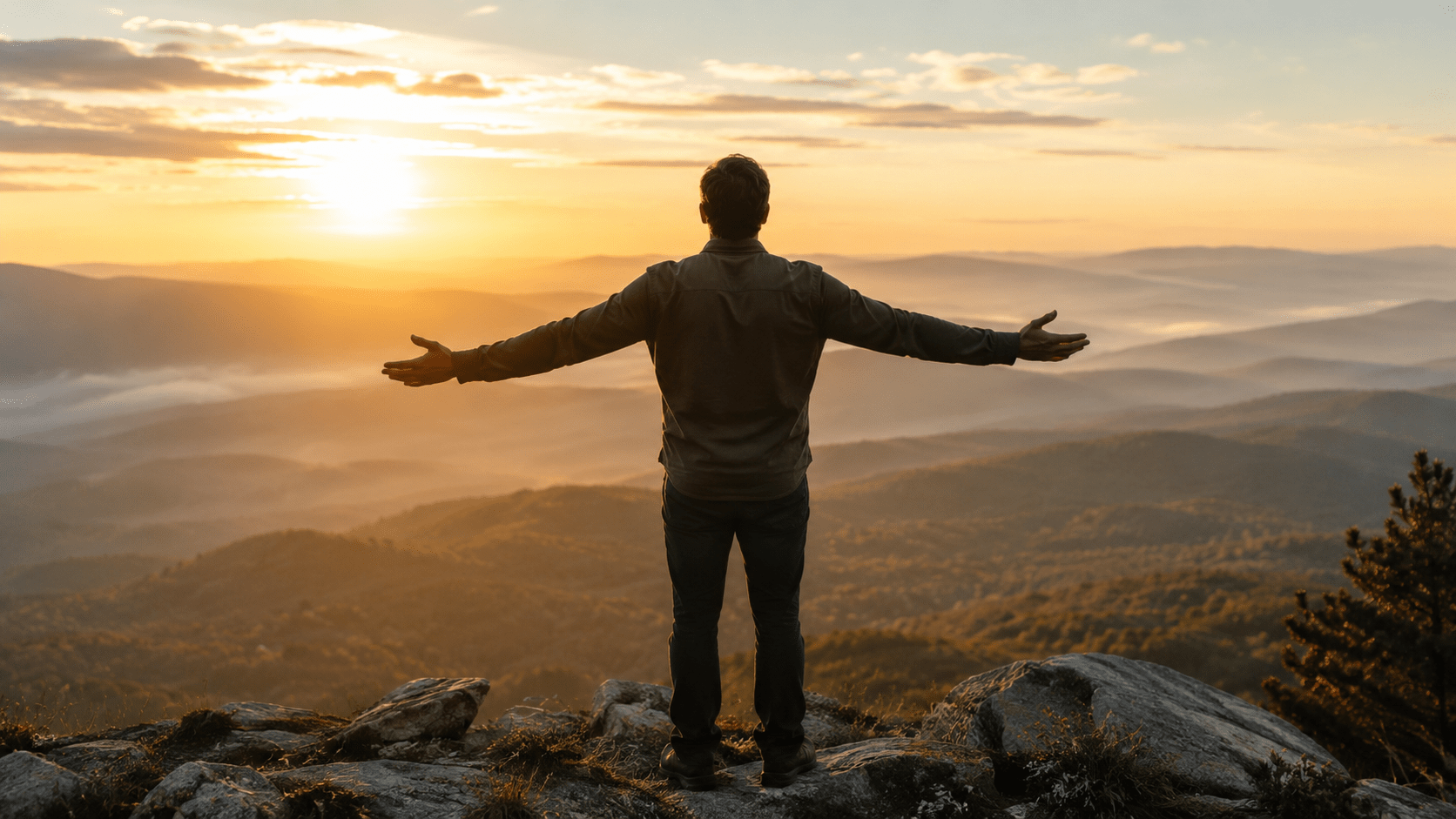 Man standing on a mountain overlook at sunrise with arms open in surrender above misty hills.
