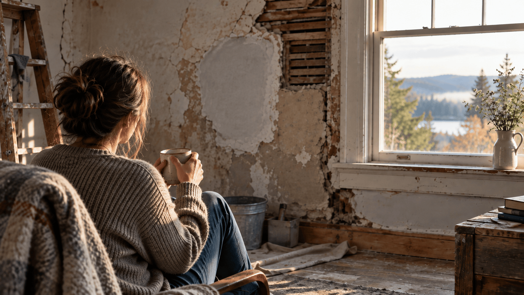 Woman seated beside a sunlit window in a weathered room with cracked plaster and visible repairs, reflecting quiet restoration after deep hurt.