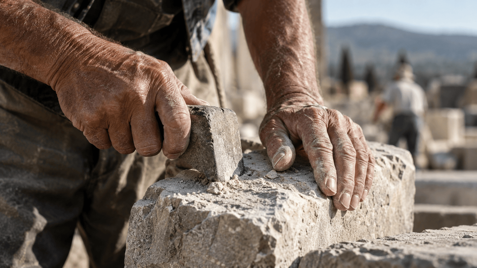 Weathered hands carefully working on stone while background activity remains out of focus, symbolizing focus, perseverance, and faithful work.