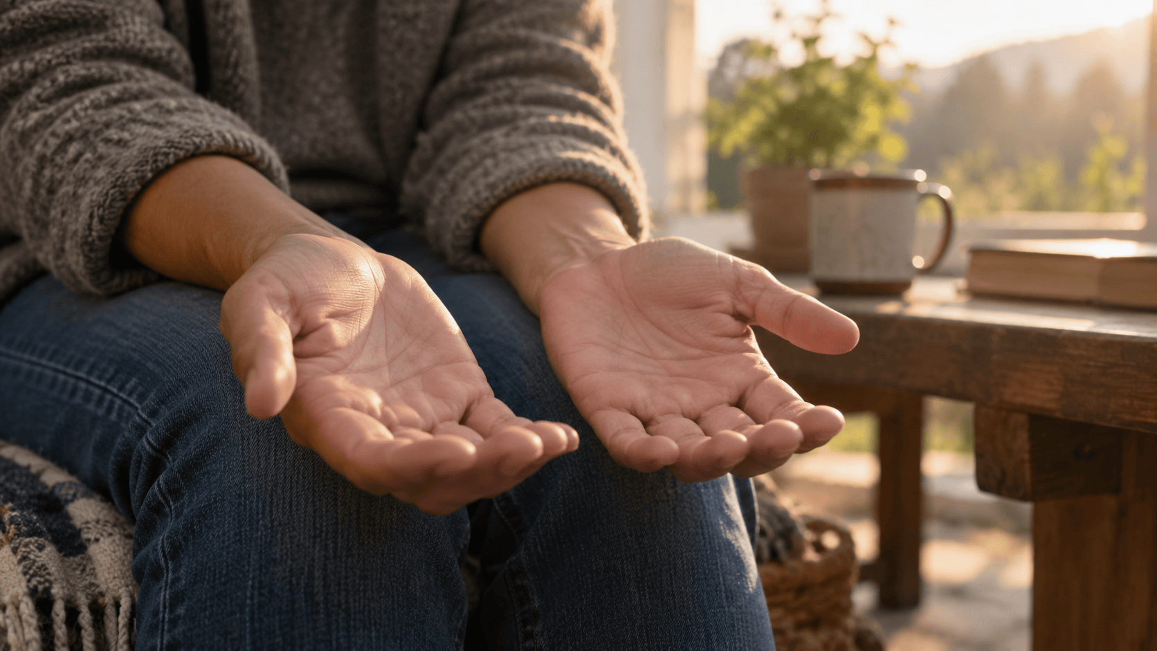 Open hands resting in a person’s lap in soft morning light, symbolizing humility, dependence on God, and receiving what only He can give.