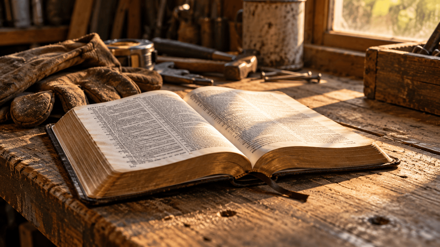 Open Bible resting on a worn wooden workbench beside dusty work gloves and hand tools, illuminated by warm natural light.